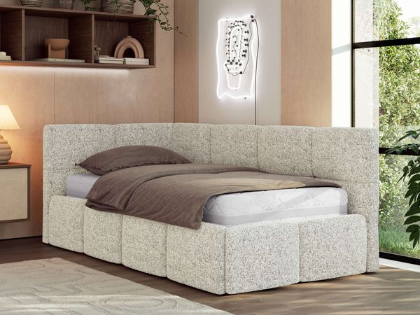 Jugendbett 90x200 ARVO Polsterbett mit Bettkasten, Stauraum & Gasdruckfeder, Modernes Design mit Kopfteil, Multipocket Matratze - Beige Strukture - ELORI LUX - Links Seite