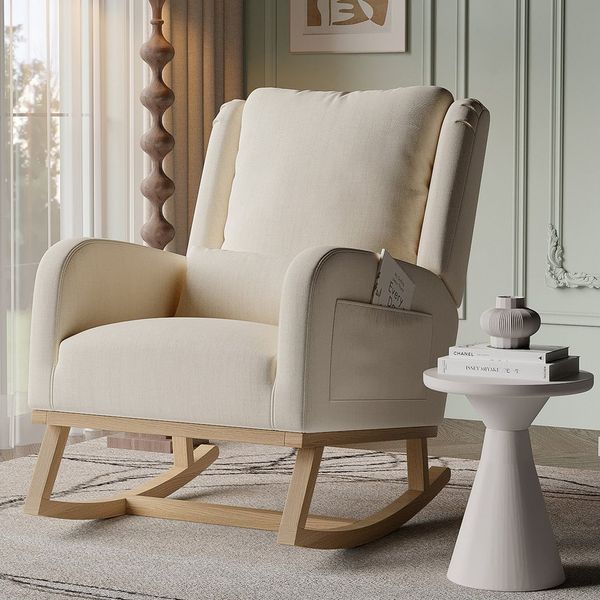 FUROKOY Schaukelstuhl Polster Relaxstuhl Leinen Schaukelsessel mit Holzsockel,2 Seitentaschen,1 Lendenkissen,Beige