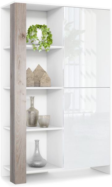 Highboard Canto, hoher Schrank mit 2 Türen und 8 Fächern, Korpus Weiß matt, Fronten Weiß Hochglanz, Dekor-Paneele Eiche Nordic (95 x 151,5 x 36 cm)