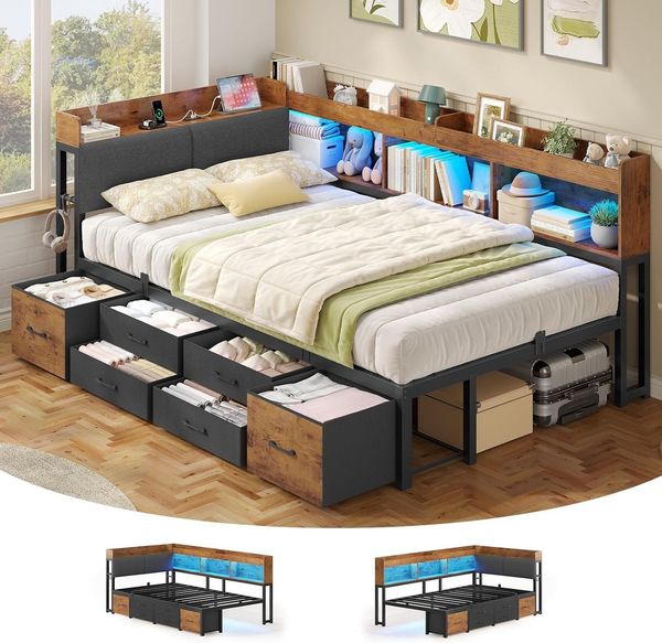 MSMASK Daybett Tagesbett Schlafsofa mit LED-Beleuchtung & Ladestation, Jugendbett mit 6 Staufächern und 6 Schubladen – Liegefläche 90x200 cm