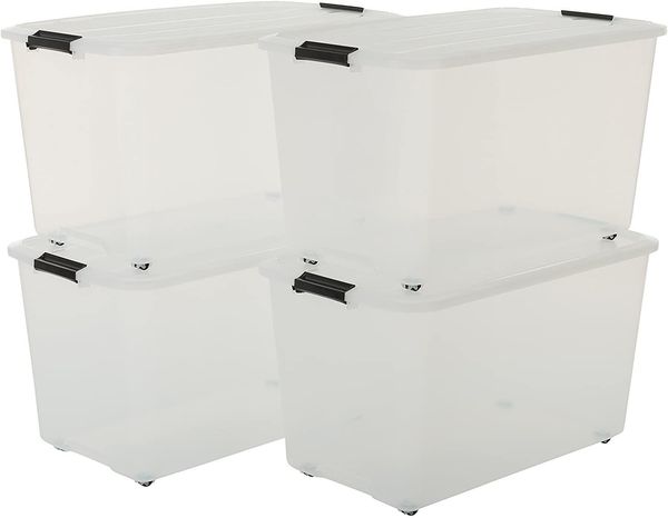 Iris Ohyama, Aufbewahrungsbox aus Kunststoff, 70 l Büro-Aufbewahrungsbox, 4er-Set, TBR-70, transparent, stapelbar, Verschlussclips B68 x T39 x H38 cm