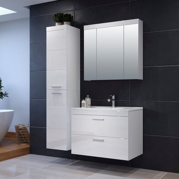 welltime Badezimmer-Set Dormoletto, (4-St), Badmöbel-Set: Hochschrank, Spiegelschrank & Waschbeckenunterschrank
