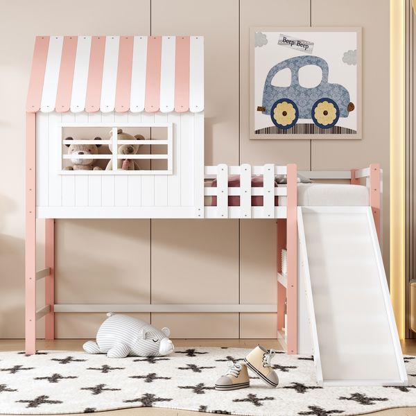 Merax Hochbett, Kinderbett, 90x200 cm, Dachboden-Design mit Sicherheitsleiter und Sicherheitsrutsche, mehrstöckige Ablagefächer Rosa