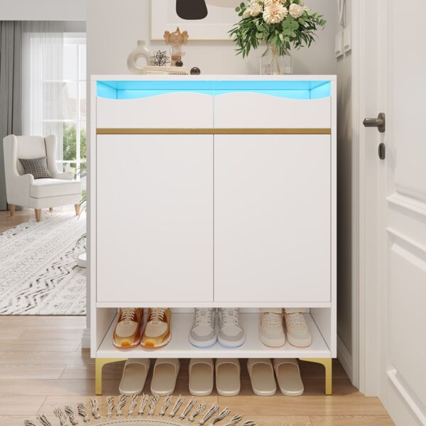 Schuhschrank mit LED-Lichtleiste, MDF/Spanplatte, 80x35x105 cm, Weiß mit Acrylfront & Metallgestell
