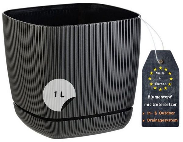 Engelland Blumentopf Pflanztopf mit Drainagesystem & Untersetzer (21x21 cm, 5,8 Liter, 1 St, robuster PP-Kunststoff), eckig, Rillenoptik, UV-resistent, direkte Bepflanzung