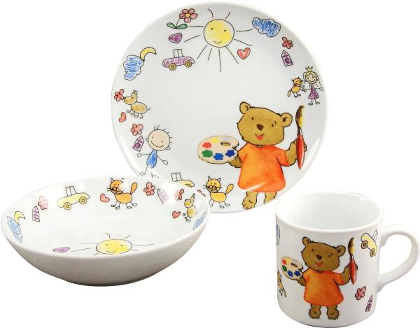 CreaTable 15027 Kindergeschirr-Set Teddy für 1 Personen, Porzellan, bunt (1 Set, 3-teilig)