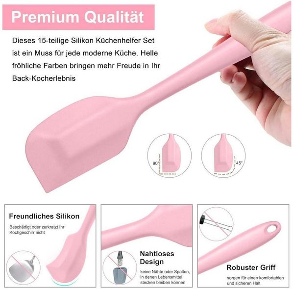 LuxusKollektion Kochbesteck-Set Küchenhelfer Set 15teilig Silikon Kochset Antihaft Rosa