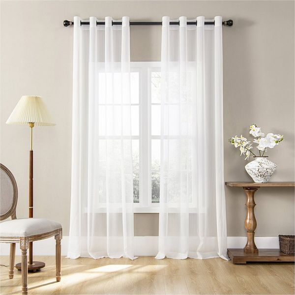 TUWENA Gardine 2er Set Vorhänge Gestreifte Gardinen mit Ösen, Voile Gardinen Weiß, Blickdicht 80% Lichtdurchlässig Gardine Vorhang für Schlafzimmer