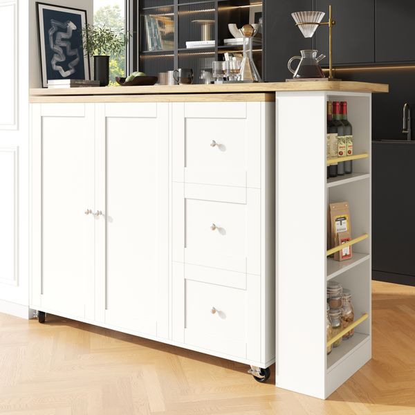 Küchentisch Bartischschrank Weiß 360° drehbar mit Rollen, Sideboard Klapptisch mit Regalen, aus MDF, modern mit Metallgriffen, 106cmx135-203cmx39cm
