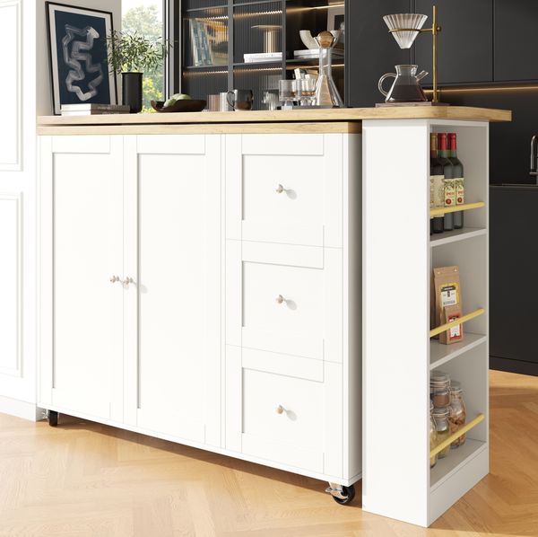 Küchentisch Bartischschrank Weiß 360° drehbar mit Rollen, Sideboard Klapptisch mit Regalen, aus MDF, modern mit Metallgriffen, 106cmx135-203cmx39cm