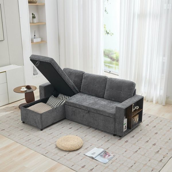 Merax Ecksofa L-förmiges Sofa, Chenille Dreisitzer Couch, links/rechts montierbar, 202 x 136 x 85 cm 1 Teile, Schlafsofa Sofa mit Armlehnenregale, Staufächern & Stauraum