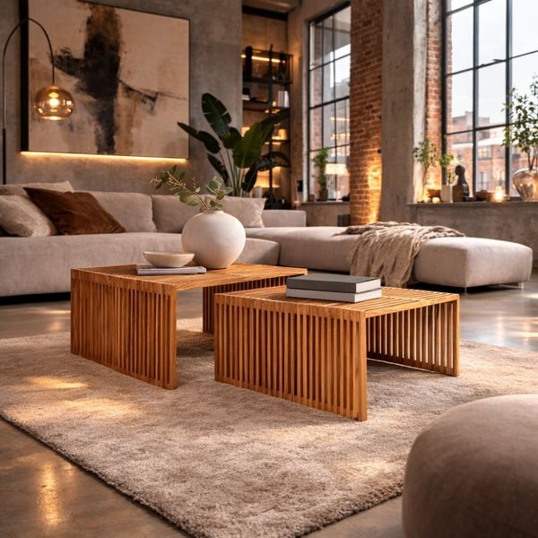 Design Beistelltisch LINETA 40cm natural Teakholz In-/Outdoor Pflanzsäule