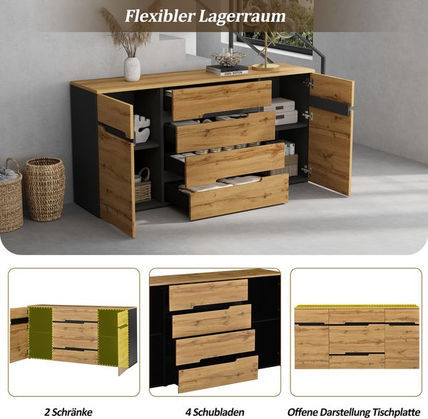 Sideboard Aufbewahrungsschrank 160 cm Schwarz Holzoptik mit 4 Schubladen & 2 Türen，Multifunktionaler Wohnzimmer Schrank Sideboard Bild 8