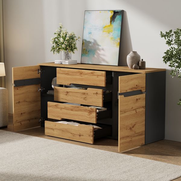 Sideboard Aufbewahrungsschrank 160 cm Schwarz Holzoptik mit 4 Schubladen & 2 Türen,Multifunktionaler Wohnzimmer Schrank Sideboard