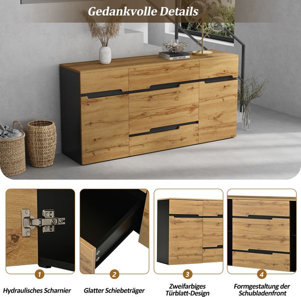 Sideboard Aufbewahrungsschrank 160 cm Schwarz Holzoptik mit 4 Schubladen & 2 Türen，Multifunktionaler Wohnzimmer Schrank Sideboard Bild 6