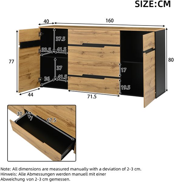 Sideboard Aufbewahrungsschrank 160 cm Schwarz Holzoptik mit 4 Schubladen & 2 Türen，Multifunktionaler Wohnzimmer Schrank Sideboard Bild 10