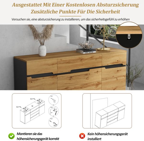 Sideboard Aufbewahrungsschrank 160 cm Schwarz Holzoptik mit 4 Schubladen & 2 Türen，Multifunktionaler Wohnzimmer Schrank Sideboard Bild 7