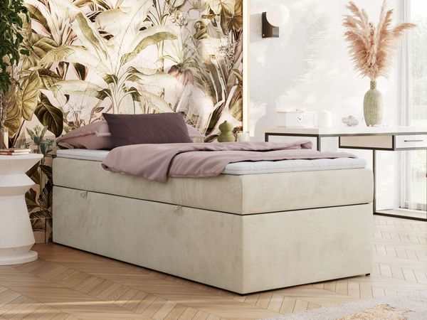 Boxspringbett 90x200 Polsterbett ZERO 90 Einzelbett ohne Kopfteil, inkl. Stauraum & Multipocket-Matratze, Hotelbett - Beige Velvet - H3 - Topper Visco