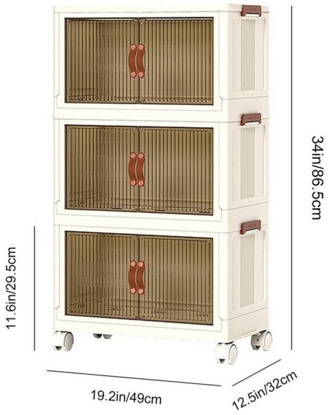 HAUSS SPOLE Aufbewahrungsbox 41,6 L 3-stufiges Stapelbare Aufbewahrungsschrank mit 4 Rädern, Türen (49*32*86cm Faltbare Kunststoff Stapelboxen mit Rollen, Transparenter Lagerwagen mit magnetischen Doppeltüren und Deckel), für Wohnzimmer Schlafzimmer Kl... Bild 2