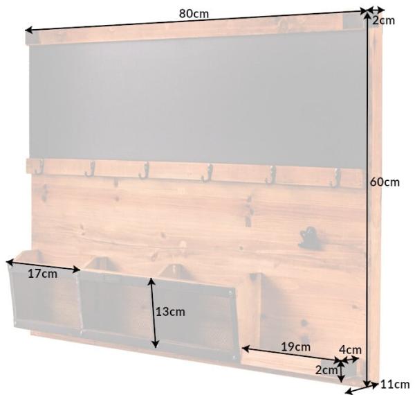Alltagshelfer Wandboard MURAL 80cm Pinie Kreidetafel Haken Schlüsselbrett Bild 10