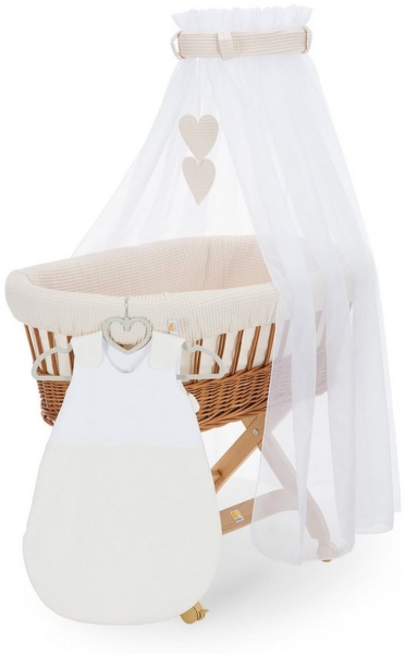 FabiMax Stubenwagen Natur, 2 in 1 Musselin / Waffelpiqué Komplettset Creme mit Schlafsack