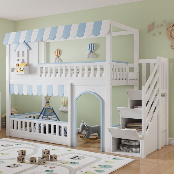 Etagenbett mit Regal, Schrank, Lattenrost, Tür und Treppe, 90x200cm, Kinderbett mit Rausfallschutz, Hochbett, Kiefer