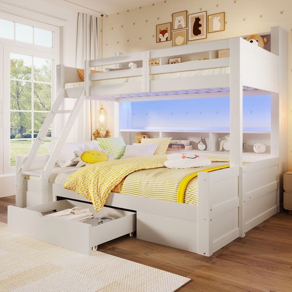 Etagenbett mit 2 Liegeflächen, LED-Beleuchtung, Schubladen, Regal, Rausfallschutz, Lattenrost, 90x200cm/140x200cm, Kinderbett, Massivholz