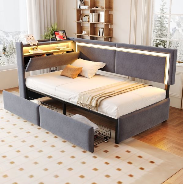 Schlafsofa 90x200 cm mit LED und USB – Polsterbett aus Samt in Dunkelgrau mit Stauraum