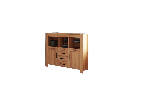 Anrichte Lubic aus Kernbuche massiv 155x45x128 mit 5 Türen Glas und 3 Schubladen