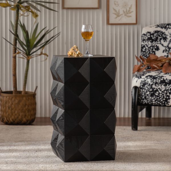 Beistelltisch aus Massivholz und MDF, Retro Couchtisch mit dreidimensionaler Reliefstruktur, Naturholz,Schwarz