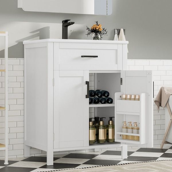 KLAM HOME Waschbeckenschrank 60 x 46 x 84,8 cm Bodenstehender Badezimmerschrank mit Waschbecken (Waschtisch,Volllackierung, Doppeltürregale, praktische Schubladen) verstellbare Regale, integriertes Keramikwaschbecken,weiß