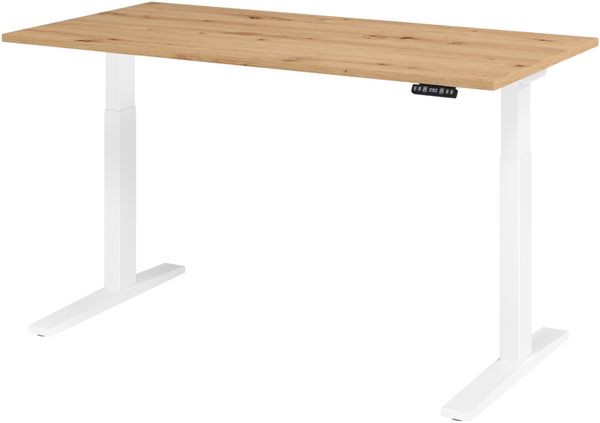 bümö elektrisch höhenverstellbarer Schreibtisch 160x80 cm in Asteiche, Gestell weiß - Sitz & Stehschreibtisch mit Memoryfunktion, elektrischer Stehtisch & Gaming Tisch, XMKA-Serie, XMKA16-R-W