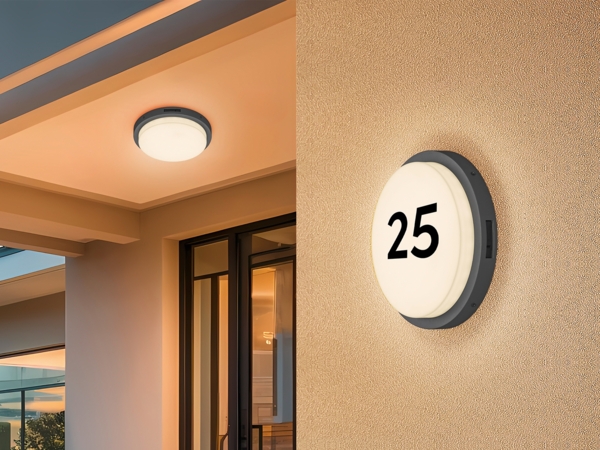 2er Set LED Außenwandleuchten mit Bewegungsmelder & Hausnummer Ø 30cm