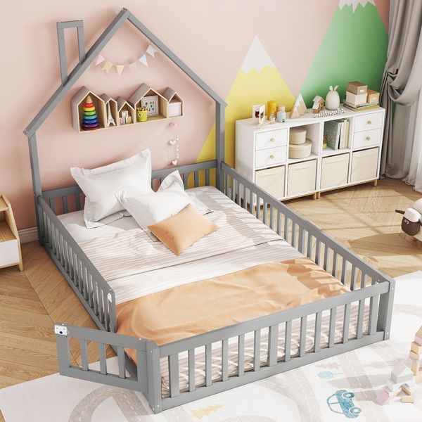 Bett 140x190 cm Kinderbett in Grau mit Schornstein-Design, Sicherheitsgitter, Lattenrost, ohne Matratze