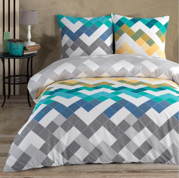 Buymax Bettwäsche Larinda, 100% Baumwolle Renforcé, 3 teilig, 200x200 cm mit Reißverschluss, Bettbezug-Set, gestreift Gelb Grau Blau