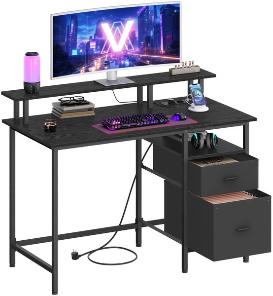 VASAGLE Gaming-Schreibtisch, mit Schubladen aus Stoff, Computertisch mit Bildschirmhalterung, Mehrfachsteckdose, 2 USB-Anschlüsse, für Heimbüro, 120x60 cm, Schwarz Holz LWD093B01V1
