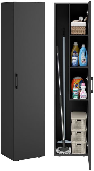 Bellamio 'Apol' Mehrzweckschrank schmal, schwarz, 176x33x40 cm, Besenschrank mit Staubsaugerfach und 3 kleinen Fächern