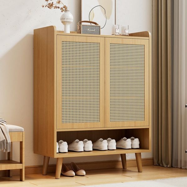 Flieks Schuhschrank mit Doppeltüren aus Rattan und Massivholzbeinen (1-St, B80/H105/T35 cm) Schuhkommode Mehrzweckschrank Schuhregal Holzoptik Natur