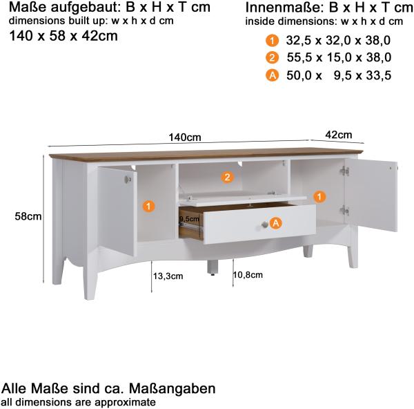 TV-Lowboard Lissabon in weiß Kiefer teilmassiv lackiert Landhaus 140 cm