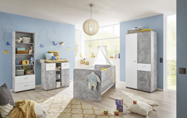 Babyzimmer Matino 4 teiliges Kinderzimmer Komplett Set in modernem Beton hell und Weiß - SUPER SPAR- Set