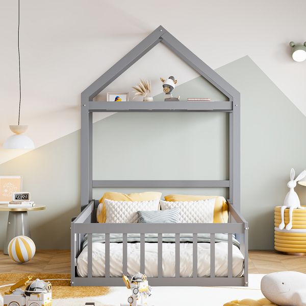 Spielhausbett Mit Abnehmbarem Dach 90x200 Kiefer Massivholz Bodenbett Mit Tür Bücherregal Kleiderstange Lattenrost 150kg Tragkraft Montessori Spielbett Kreativzimmer