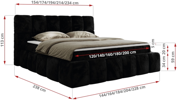 Boxspringbett mit dekorativem Kopfteil, Doppelbett mit zwei 7 Härtezonen Multipocket-Matratzen, Bettkästen, Polsterbett - NIRA - 200 x 200 cm - Schwarz Stoff - H4 Bild 6