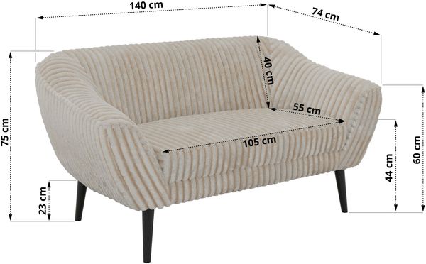 Polstersofa PIRS 2 Skandinavisches Sofa 2-Sitzer, Sofa mit Wellenfederung, Breite 140 cm, schwarze Füße Hoher Sitzkomfort - Beige Cord Bild 5