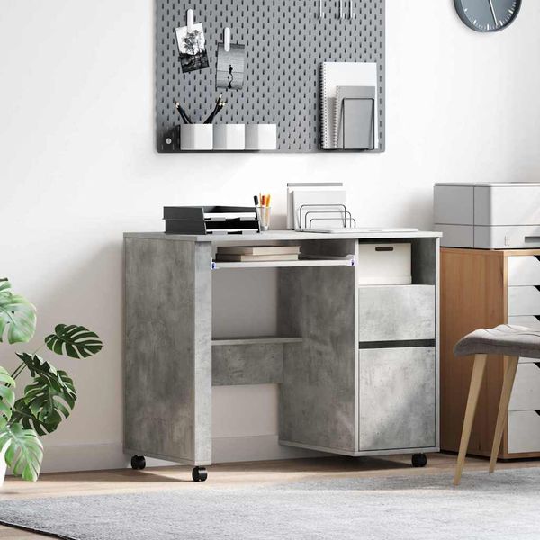 Tisch, Bürotisch mit Rädern Beton Grau 91 x 50 x 77 cm Holzwerkstoff