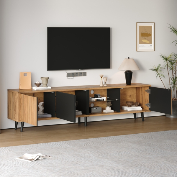 Lowboard Fernsehschrank, TV-Ständer für das Wohnzimmer TV-Schrank mit 3 Schränken Schlichter Wohnzimmerschrank, Holz, Holzfarbe+Schwarz, 175 x 31.5 x 45 cm