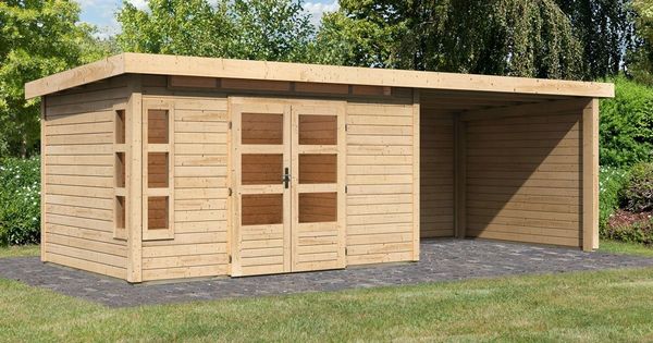 Gartenhaus Kastorf 7 - 364x244 cm plus Anbaudach 3,20m mit Wänden, 28 mm Holz naturbelassen, Karibu