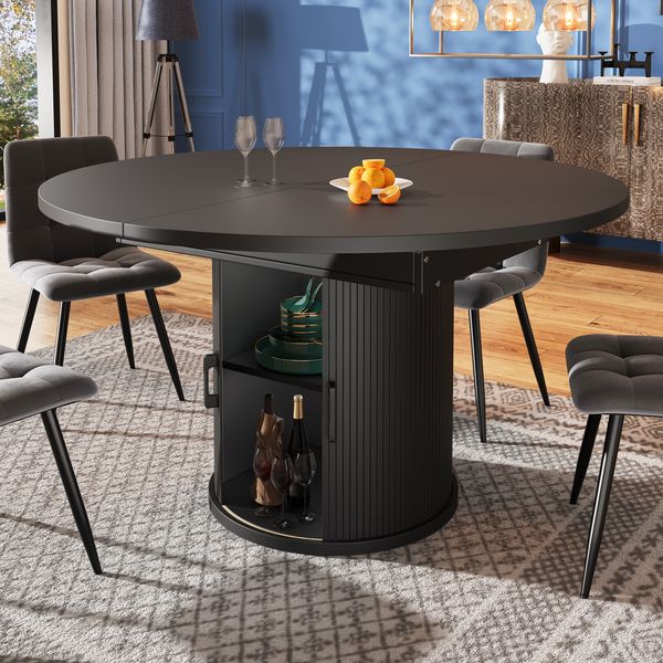 Ausziehbarer Esstisch 118/158 x 118 x H 76,8 cm, MDF in Schwarz, mit Stauraum