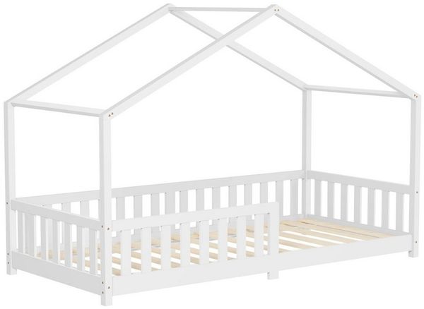 ML-DESIGN Spielbett Hausbett Kinderbett inkl. Lattenrost & Rausfallschutz Kinder Bodenbett, Abenteuerbett 90x200 cm Haus Bett Himmelbett Kiefer Jugendbett Weiß