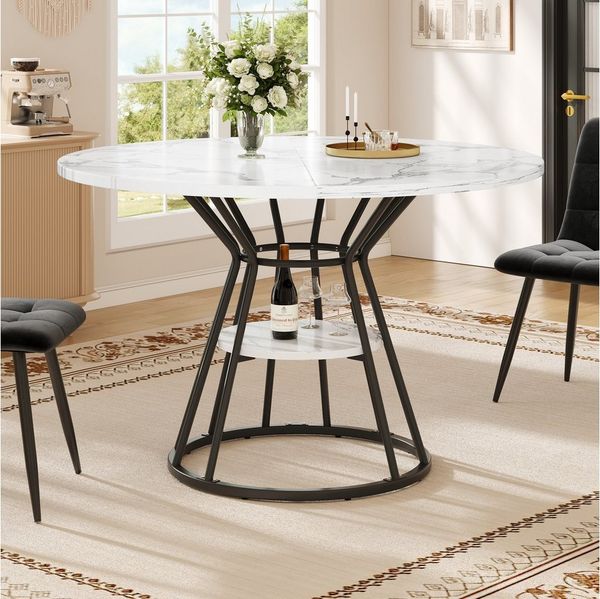 Flieks Esstisch runder Tisch mit Ablagen Marmoroptik (100x76 cm, 1-St, 1 Tisch), Küchentisch mit Stauraum, Metallbeine mit verstellbaren Fußstützen