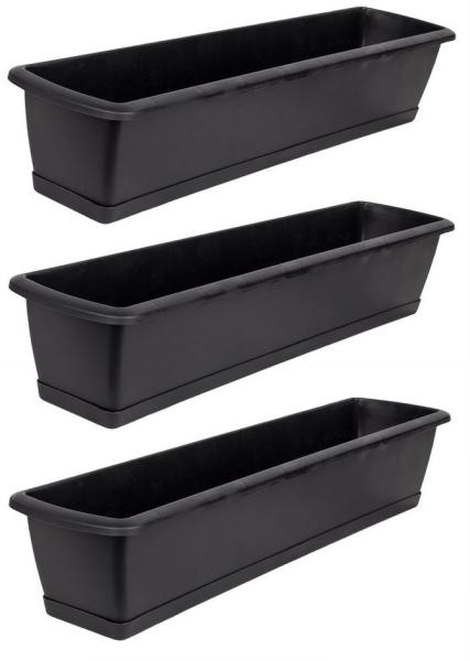 BigDean 3er Set Blumenkasten mit Untersetzer 60 cm lang anthrazit - aus PP-Kunststoff - Balkon Pflanzkasten schmal Balkonkasten